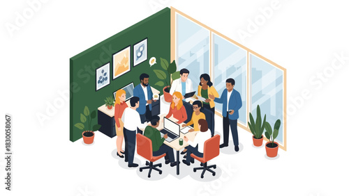 Team collaboration in modern office setting with diverse business professionals