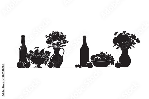 Still life silhouette of flowers fruits and bottles