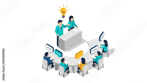 Business team meeting in modern isometric style with creative idea brainstorming