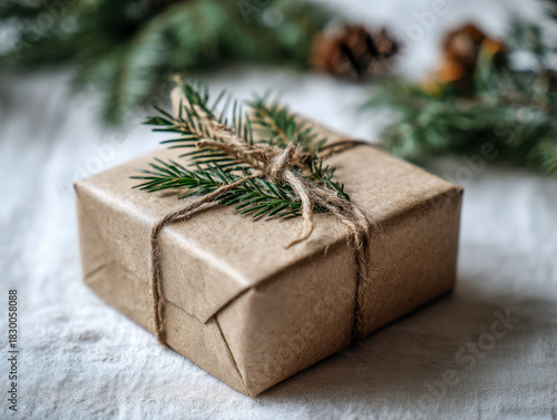 Rustic holiday gift wrapped in brown kraft paper and natural twine adorned with fresh evergreen sprigs for an eco-friendly seasonal celebration ambiance