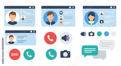 Flat design video call interface elements with user avatars and communication icons