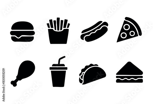 Minimalist fast food icons — burger, fries, and pizza — stock vector.