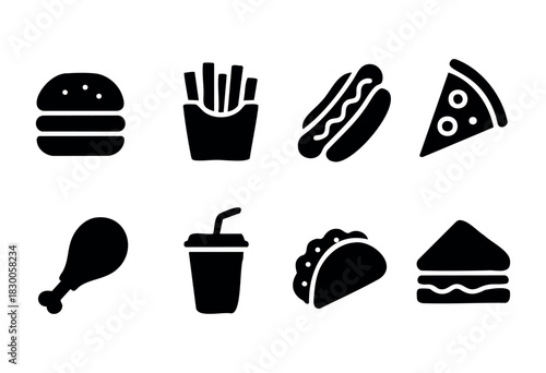 Minimalist fast food icons — burger, fries, and pizza — stock vector.