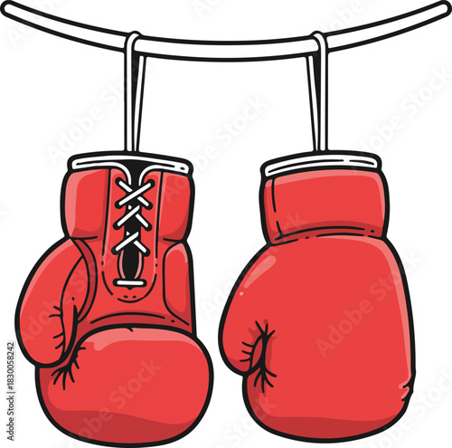 Red boxing gloves cartoon illustration hanging on a horizontal bar, symbolizing sport, fight, training, victory, and competition isolated.
