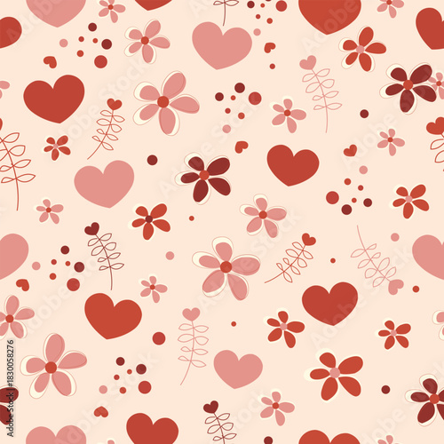 Heart wit floral classic valentine romantic red colors. Seamless fabric design pattern