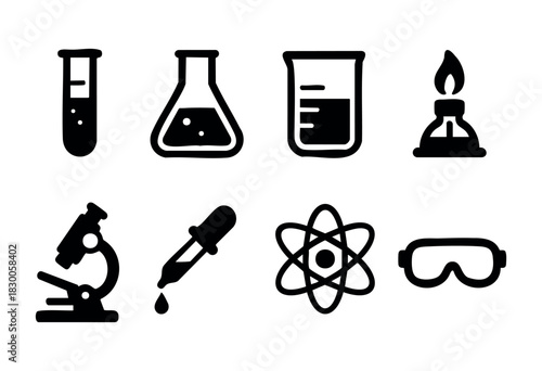 Minimalist chemistry and laboratory icons — test tube, flask, and microscope — stock vector.