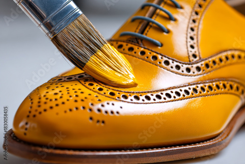 Applying vibrant yellow polish with a brush to a classic leather dress shoe showcasing intricate brogue detailing and fine craftsmanship