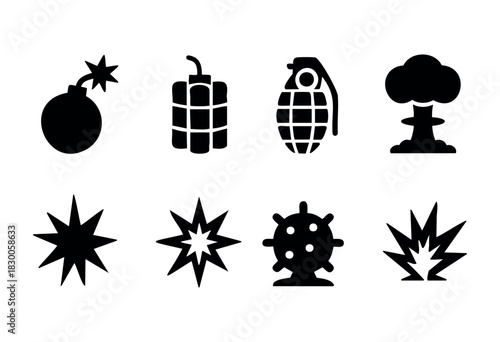 Minimalist explosion and danger icons — bomb, dynamite, and blast — stock vector.