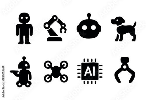 Minimalist robotics and AI icons — robot, arm, and drone — stock vector.
