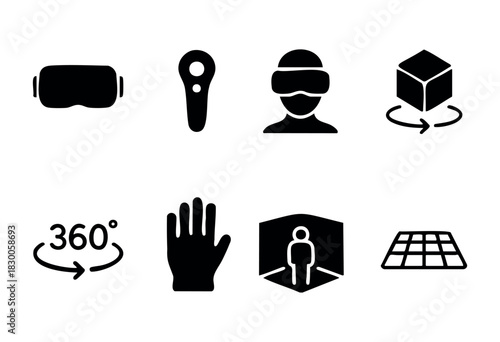 Minimalist virtual and augmented reality icons — VR headset, controller, and 360° symbol — stock vector.