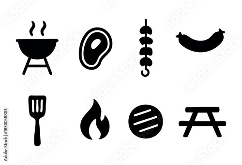 Minimalist barbecue and grill icons — meat, fire, and picnic — stock vector.