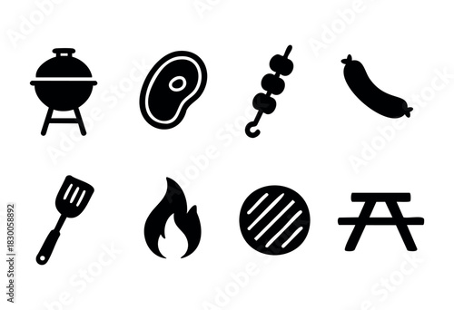 Minimalist barbecue and grill icons — meat, fire, and picnic — stock vector.