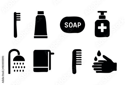 Minimalist personal care and hygiene icons — toothbrush, soap, and shower — stock vector.
