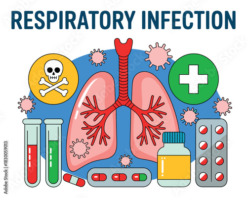 Illustration of the human respiratory system with medical icons representing infection, danger, and treatment.