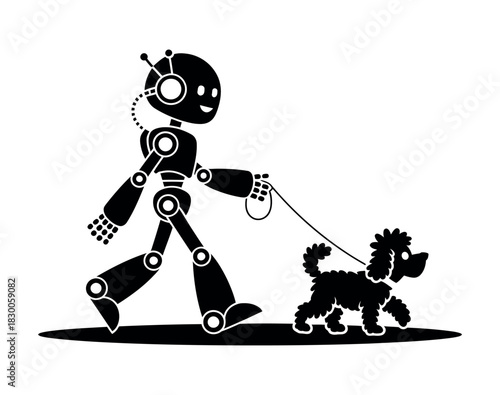 A robot walks a poodle on a leash against a white background.