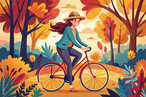 A cheerful woman with a bicycle rides through an autumn sunny forest surrounded by bright foliage. A young woman in a hat has fun and walks outdoors with .