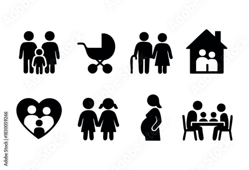 Minimalist family and relationship icons — parents, child, and home — stock vector.