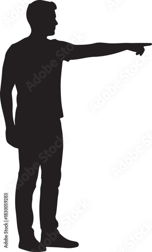 Silhouette of a man pointing right, full body vector illustration isolated, showing direction or indicating something specific.