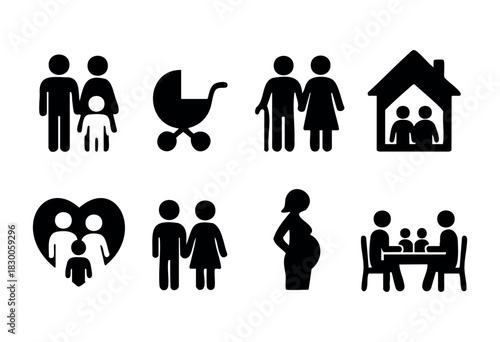 Minimalist family and relationship icons — parents, child, and home — stock vector.