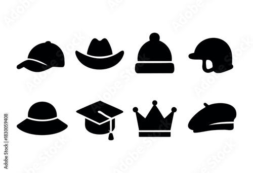 Minimalist headwear and hat icons — cap, crown, and helmet — stock vector.