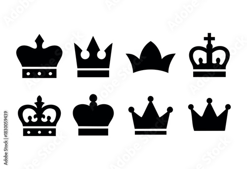 Minimalist royal crown icons — king, queen, and monarchy — stock vector.