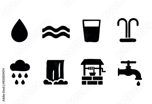 Minimalist water and environment icons — drop, faucet, and wave — stock vector.
