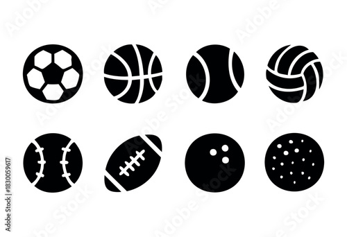 Minimalist sports ball icons — soccer, basketball, tennis, and more — stock vector.