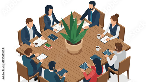 Isometric business meeting at round table with diverse professionals