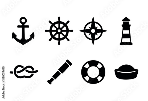 Minimalist nautical icons — anchor, compass, and ship wheel — stock vector.