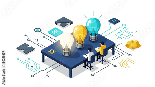 Innovative workspace with isometric technology and creative ideas