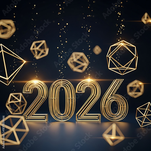 Golden 2026 number with geometric shapes and glitter