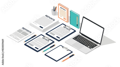 Isometric office workspace with reports, laptop, and stationery