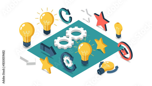 Creative isometric design with light bulbs, gears, and stars for innovative concepts