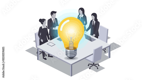 Innovative teamwork concept with business professionals and light bulb in isometric design