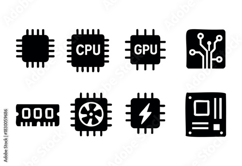 Modern computer component icons — CPU, GPU, and motherboard — stock vector.