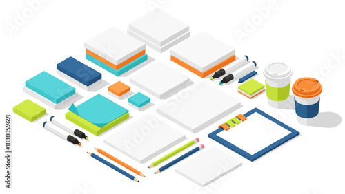 Isometric office supplies with notebooks and coffee cups in modern pastel colors