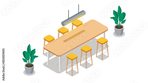 Isometric dining setup with wooden table, stools, and indoor plants