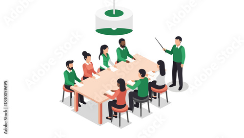 Business meeting in modern office setting with diverse team and presenter