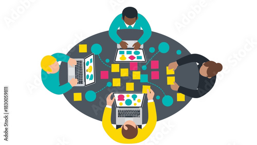 Collaborative teamwork meeting with diverse professionals using laptops and digital tools at modern office table