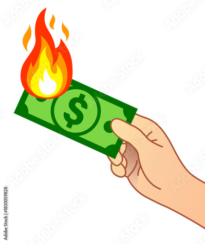 simple hand holding single burning green bank currency cash money dollar bill icon vector on transparent background