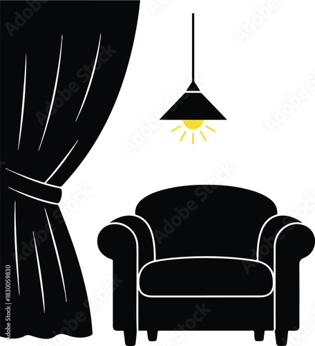 Cozy living room interior graphic with black armchair, elegant curtain, and bright hanging lamp illuminating a comfortable home space