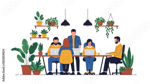 Modern office teamwork with plants and laptops in minimalist workspace scene