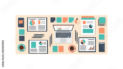 Flat design modern office desk workspace with laptop and stationery