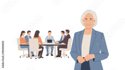 Business meeting with confident elderly leader in corporate office setting