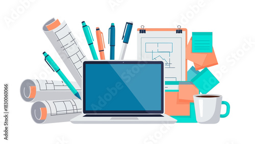 Creative workspace with laptop, stationery, and coffee in modern flat design