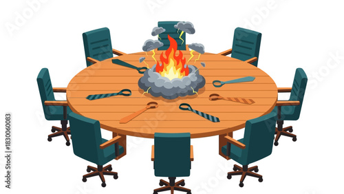 Business conflict concept with burning table and ties in office meeting room