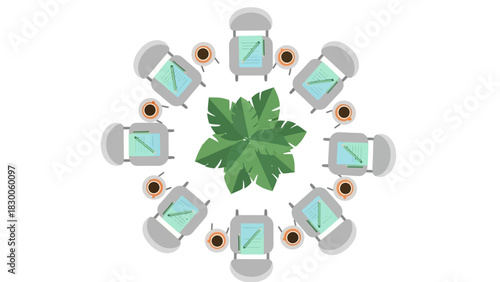 Top view of meeting table with green plant and laptops in flat style