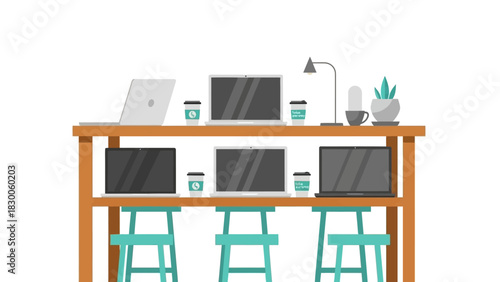 Minimalist workspace with laptops and coffee cups on wooden desk