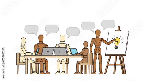 Collaborative brainstorming with wooden figures in a creative office environment