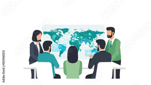 Global business strategy meeting with flat design world map and businesspeople
